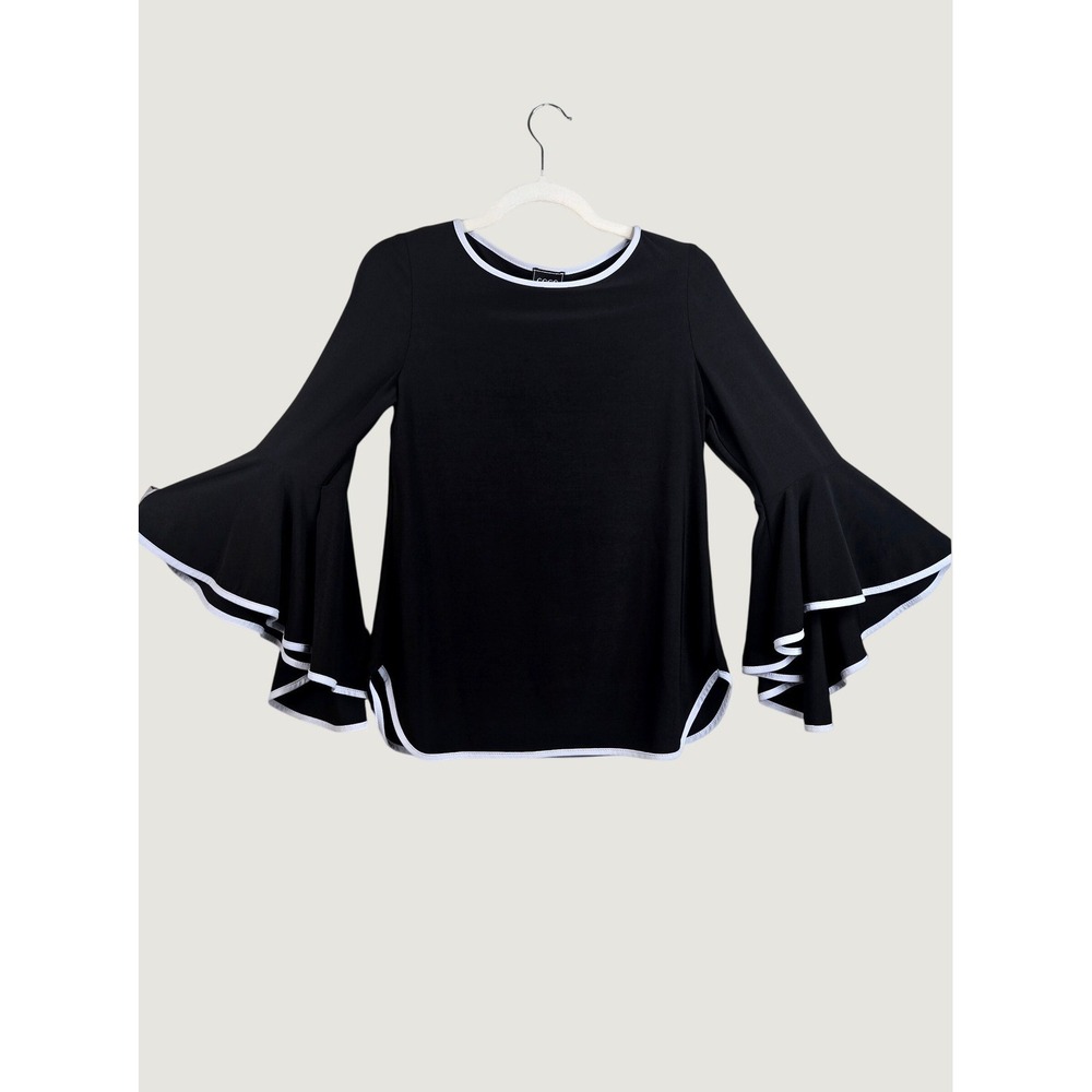 Coco Bianco Dramatic Bell Sleeve Top Sz M Black White Stretchy Retro Mod Blouse